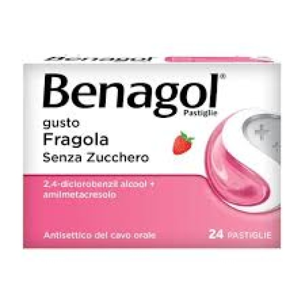 Benagol 24 pastiglie gusto Fragola Senza Zucchero (SCAD.04/2027) Caramelle antisettiche per la gola 